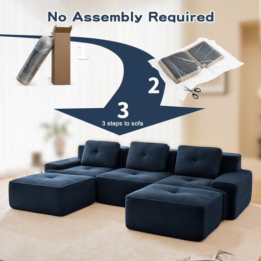 117 Modern U-Shaped Modular Sectional Sofa For Living Room, Corduroy Fabric, 3-Seater Couch With Deep Seat And Movable Ottoman,Pearl-like Piping, Tufted Design,No Assembly, Anti-slip Design,Blue