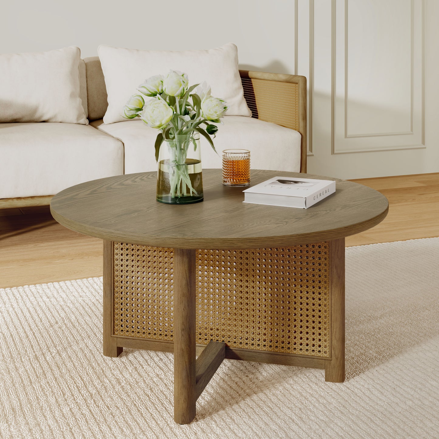 32 Rattan Coffee Table, Round Rattan Woven Wood Coffee Table
