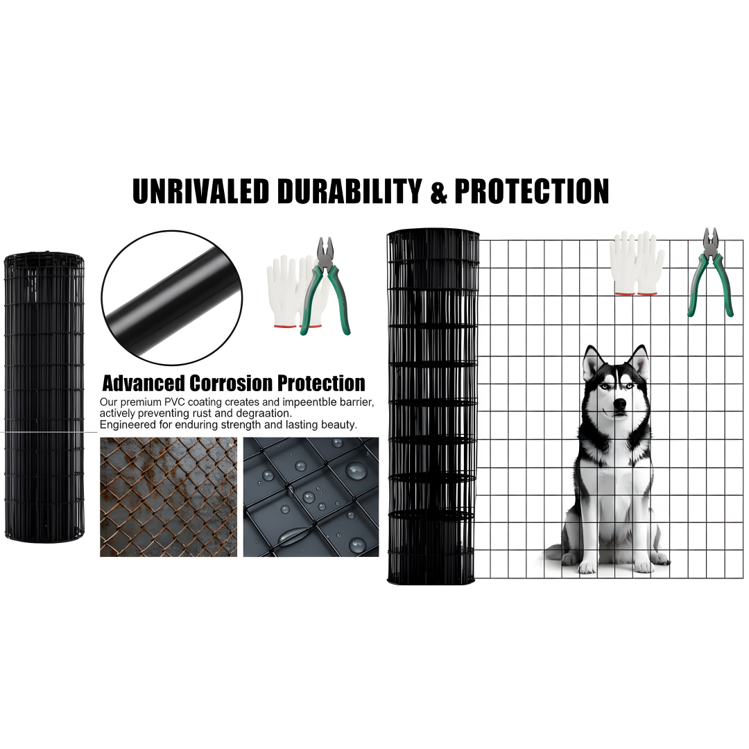 48 INCHx33 FT Black Vinyl-coated Metal Mesh, 16 Gauge 0.67 Inch Black PVC Metal Mesh, Black Welded Wire Mesh Support, Poultry Cage Protective Fence