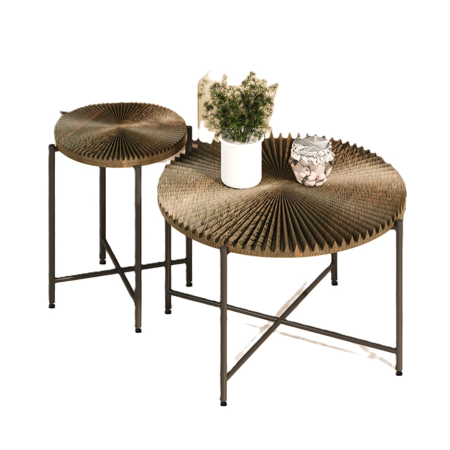 Radial Pattern 2-Piece Coffee And End Table Set -Waterproof MDF With PVC Cover, Distressed Cylindrical Design, Black Metal Legs -Classic Rustic Charm, Dark Walnut