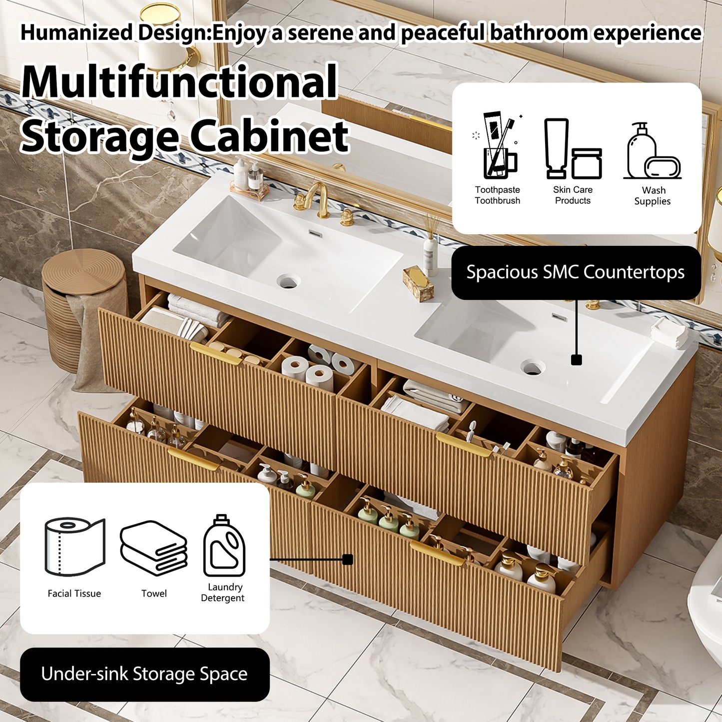 59.3 Inch Double Sink Bathroom Vanity With SMC Top, Painted MDF Cabinet , Soft Close  Drawers, Wall-Mounted Modern Storage Vanity