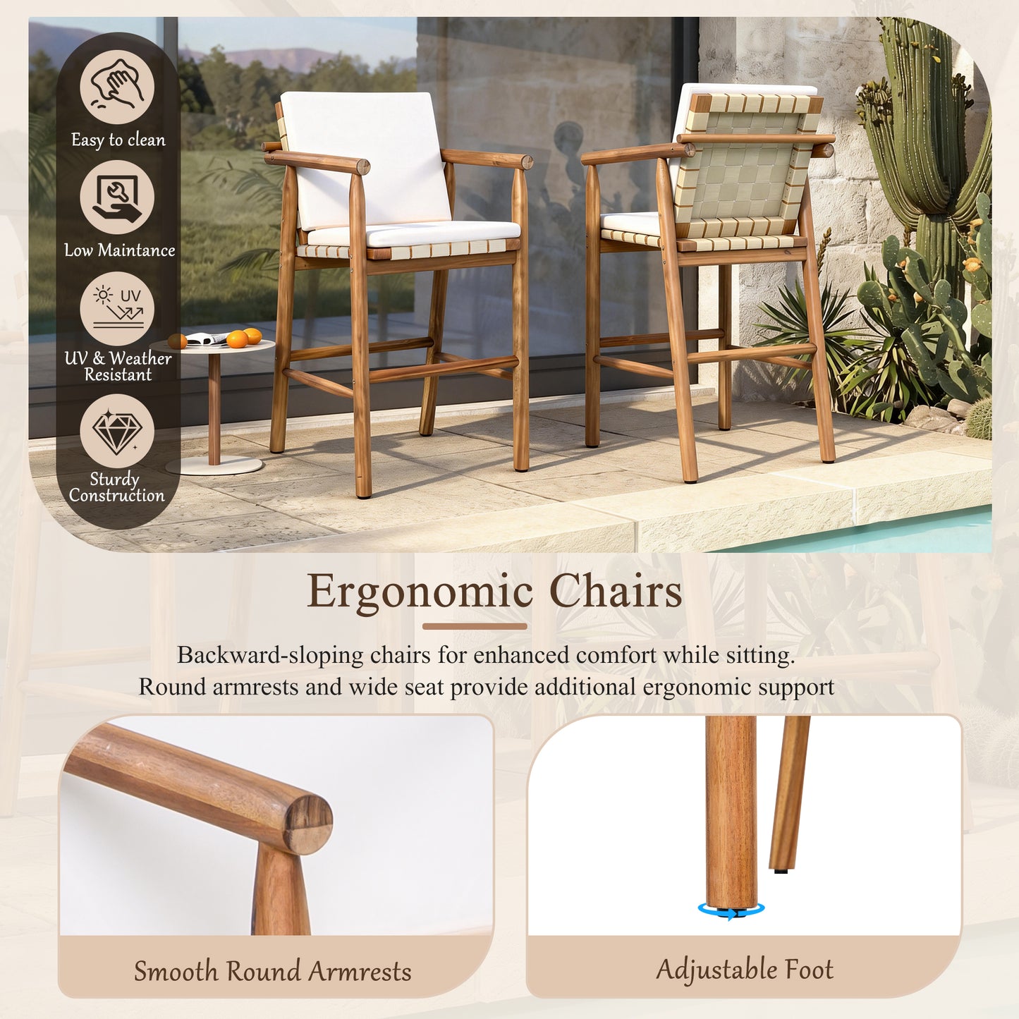 Outdoor Counter Height Bar Stools Chair Set Of 2, Modern Patio Acacia Wooden Stools With Backrest Arm And Webbing Seat, For Patio, Pool, Garden, Beige Cushions Included