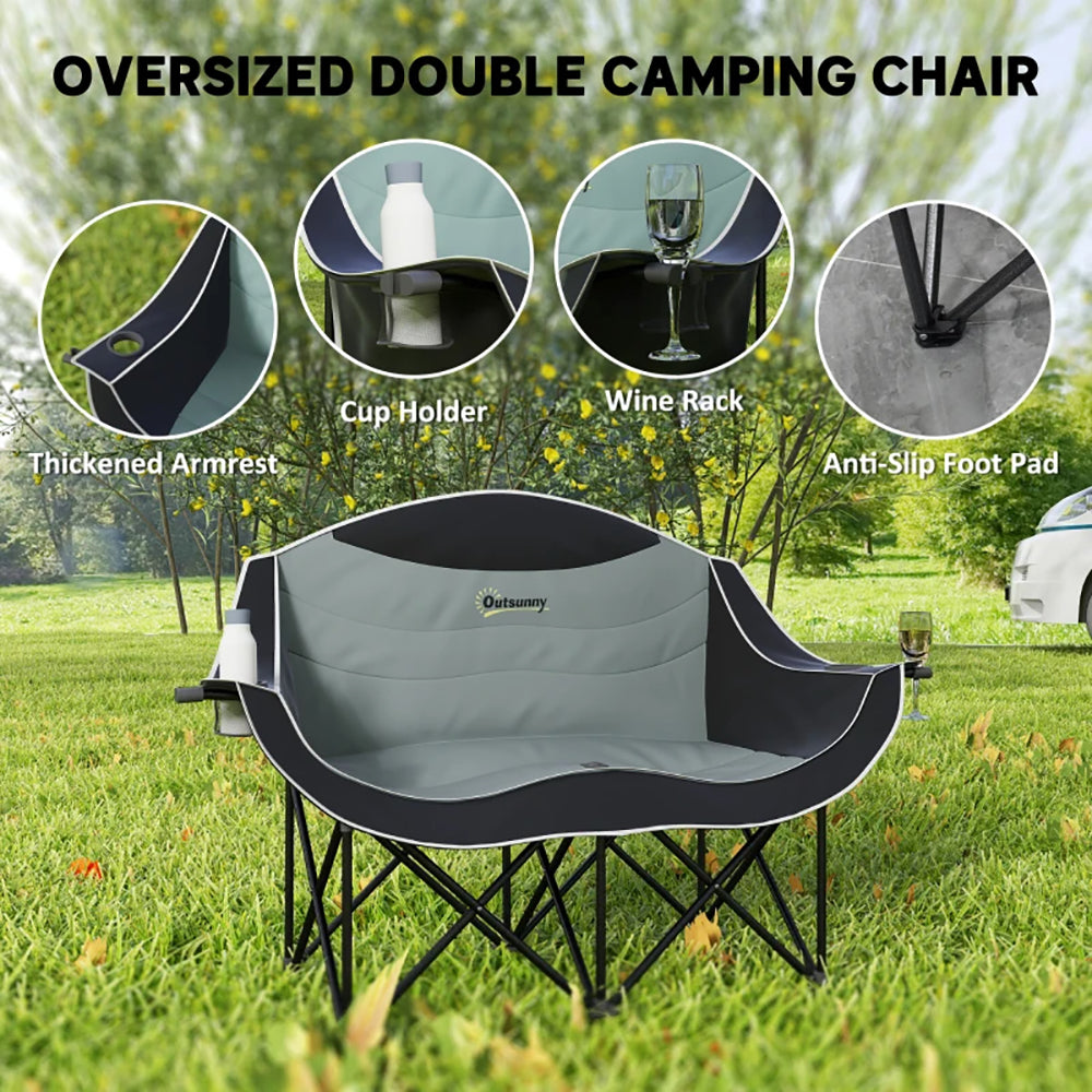 Padded Folding Camp Chair For Adults, Double Camping Chair 600D Oxford Fabric With Armrests, Cup Holders, Carry Bag For Outdoor