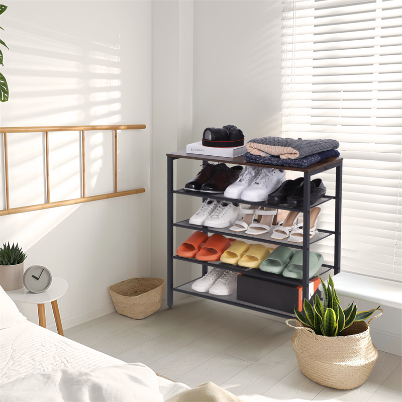 4-tier Shoe Rack With Grid Rack Wooden Rustic Foyer Shoe Rack With Coat Hook, Suitable For The Steel Frame Of The Living Room Mud Room At The Front Door Of The Corridor