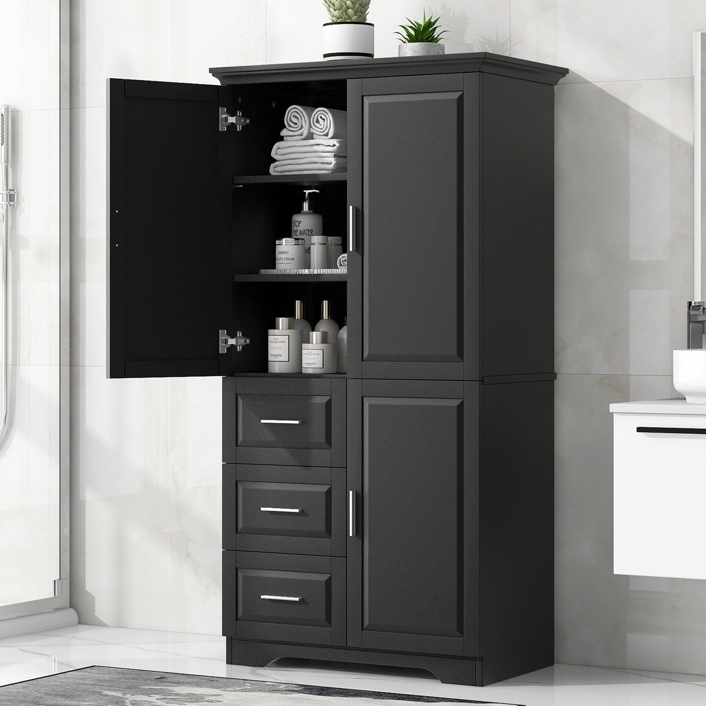 Tall And Wide Storage Cabinet With Doors For Bathroom Office, Three Drawers, Black Old SKU WF299285AAB