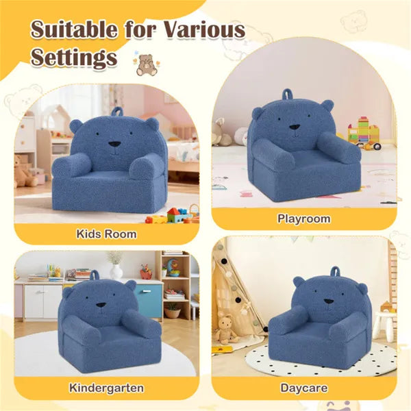 Bear-Shaped Kids Sofa, Teddy Fleece Foam Chair For Toddlers 3+, Portable Bear-Shaped Couch (Navy)