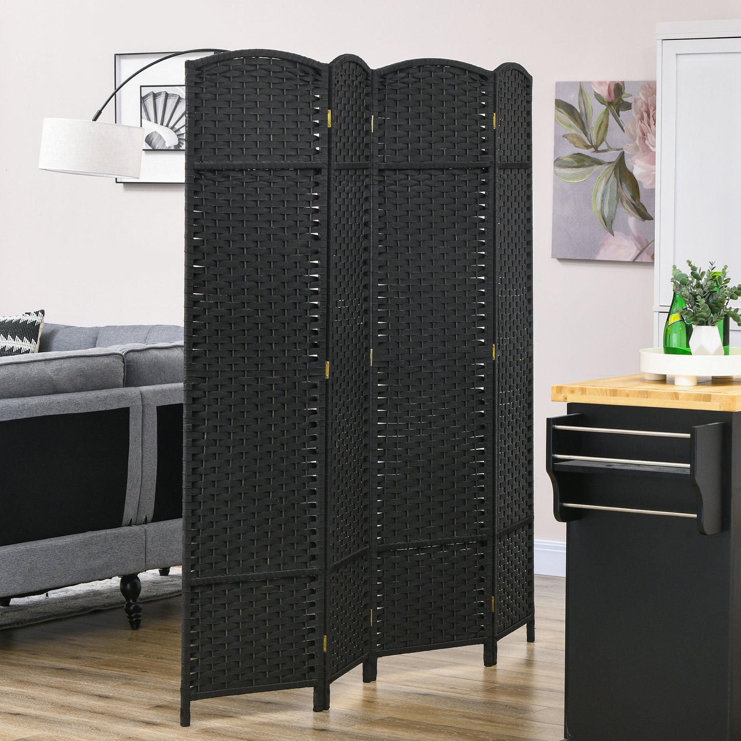 Folding Room Divider Screen 4 Panel 5.6 ' Tall Privacy Screen Freestanding Room Partition For Home Office, Black