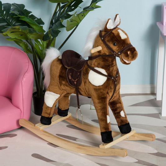Kids Metal Plush Ride-On Rocking Horse Chair Toy With Nursery Rhyme Music - Dark Brown
