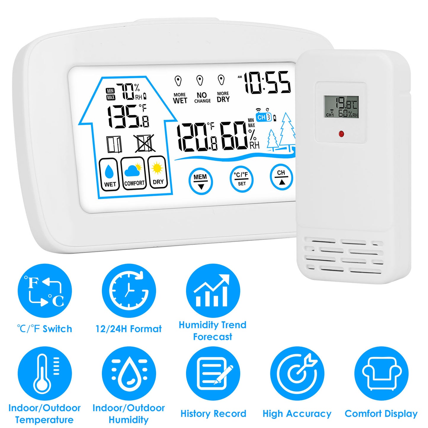 1Pc Wireless Weather Station With Clock 196FT Range Indoor Outdoor Thermometer Sensor Temperature And Humidity Monitor Humidity Forecast Battery Powered Backlight Display