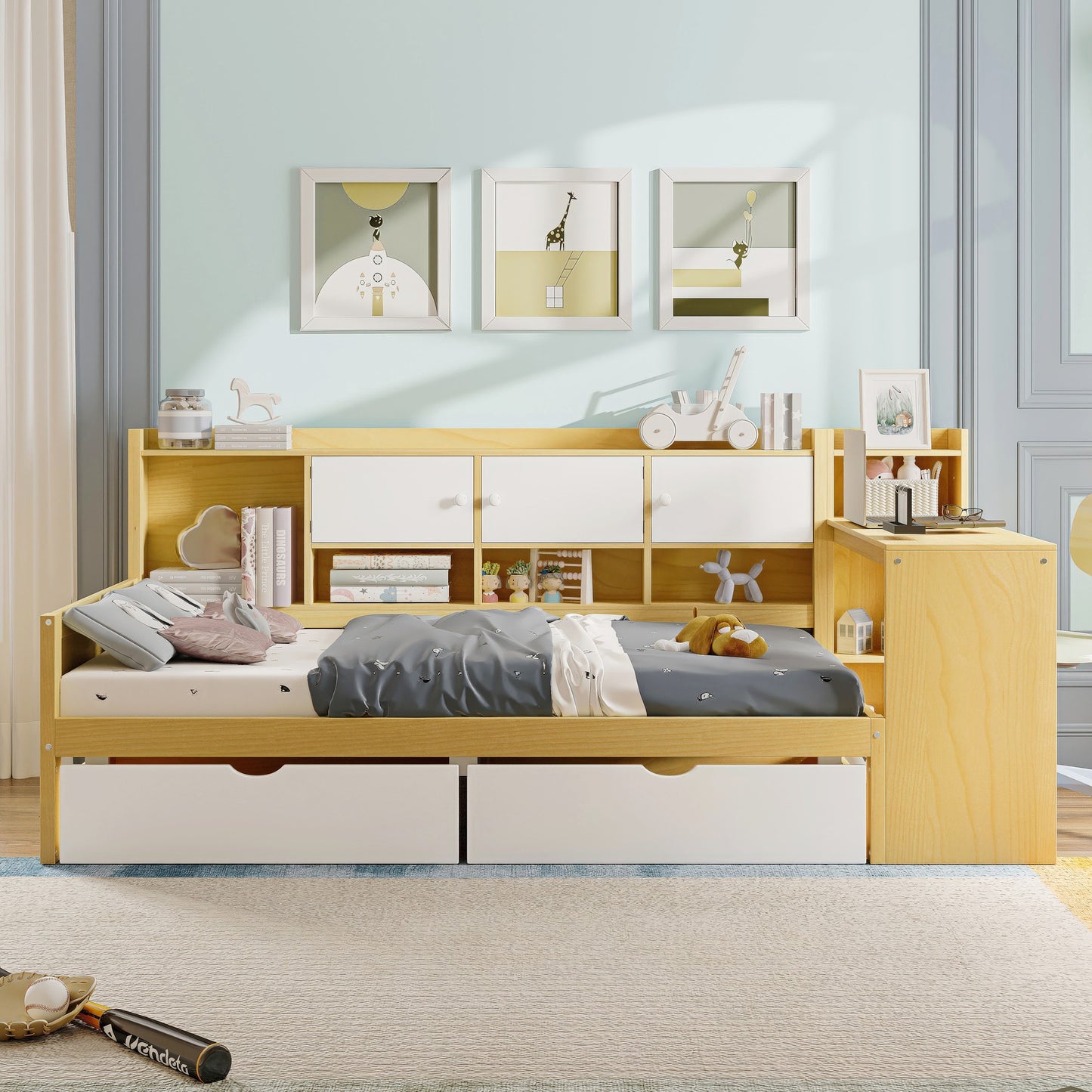 Wooden L-Shape Daybed With Seven Storage Cabinets And Two Storage Drawers, Multi-functional Bed With Study Desk And Built-in Bookshelf, Natural White