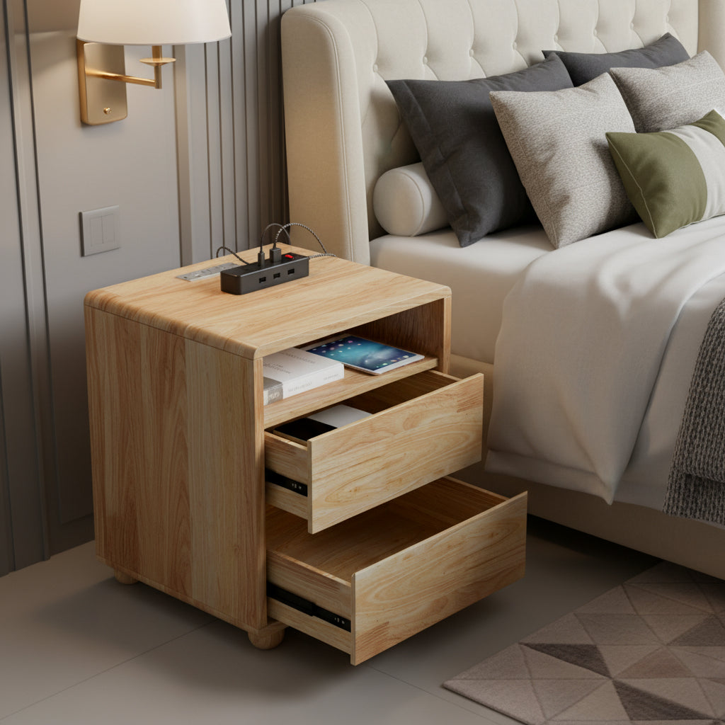 20 Modern Nightstand With 2 Drawers And Shelves Solid Wood Night Stand With Charger Station Mid Century Bedside Table Curved Wood Side Table For Bedroom Living Room