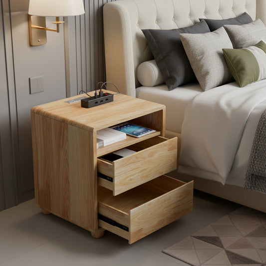 20 Modern Nightstand With 2 Drawers And Shelves Solid Wood Night Stand With Charger Station Mid Century Bedside Table Curved Wood Side Table For Bedroom Living Room