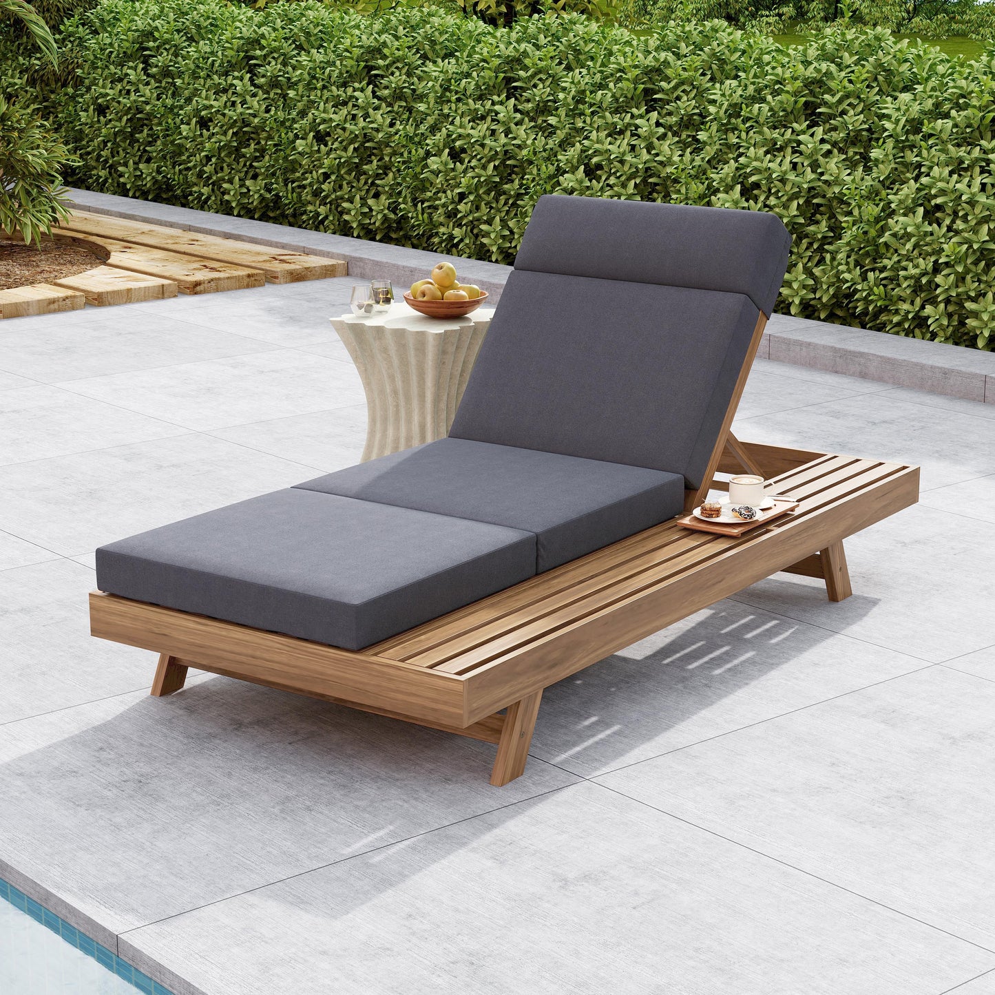 Lounge Chaise Set With Headrest, Space Available On One Side, Acacia Wood In Light Brown With Water-Resistant Lounge Cushions  Dark Grey & 3-Fold & 4 Inch  -Matching Cream Beige Version Available