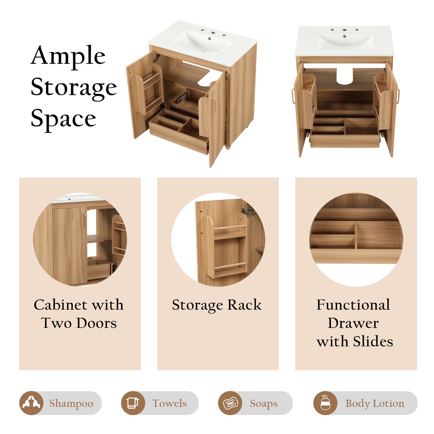 30 Bathroom Vanity With Sink Combo, Multi-functional Bathroom Cabinet With Doors And Drawer,  MDF Board, Natural
