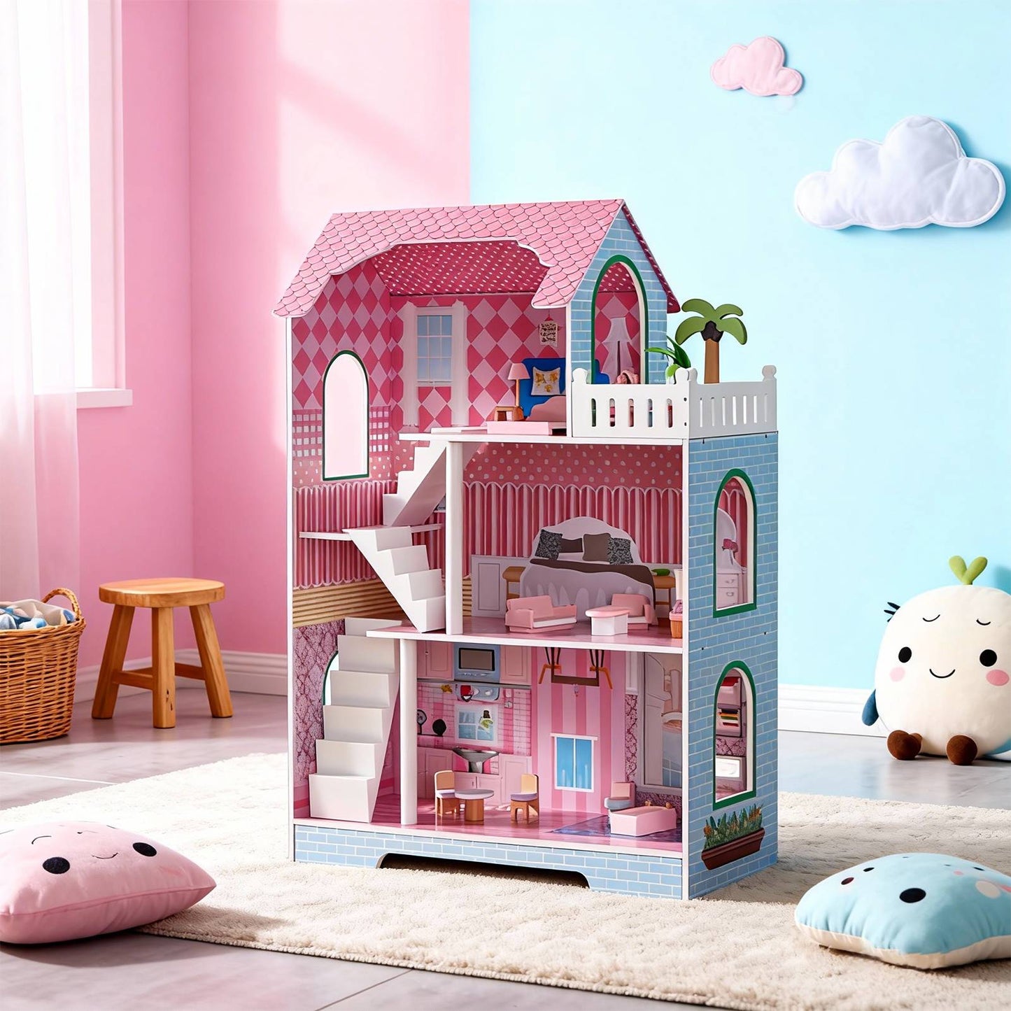 3 Tier Kids Dollhouse With Roof Window And Furniture Wooden Mini Doll House Playhouse For 3 Years Old And Above
