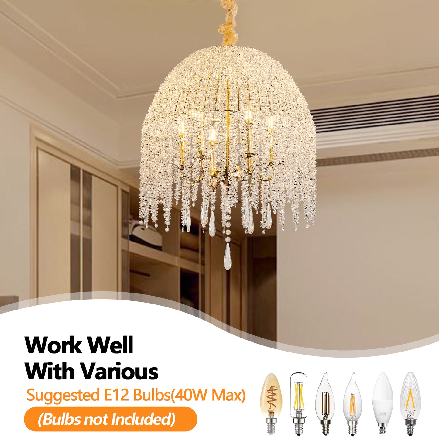 20 Inch 6 Light K9 Crystal Pendant Light Chandelier  Elegant Waterfall Design With Cascading Crystal Bead Strings And Gold Finish For Living Room, Bedroom, Or Dining Area Bulb Not Included