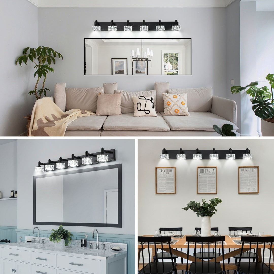 Modern 6-Light Matte Black LED Vanity Light Fixture With Crystal Glass Shades, Bathroom Wall Sconce For Elegant And Contemporary Home Decor