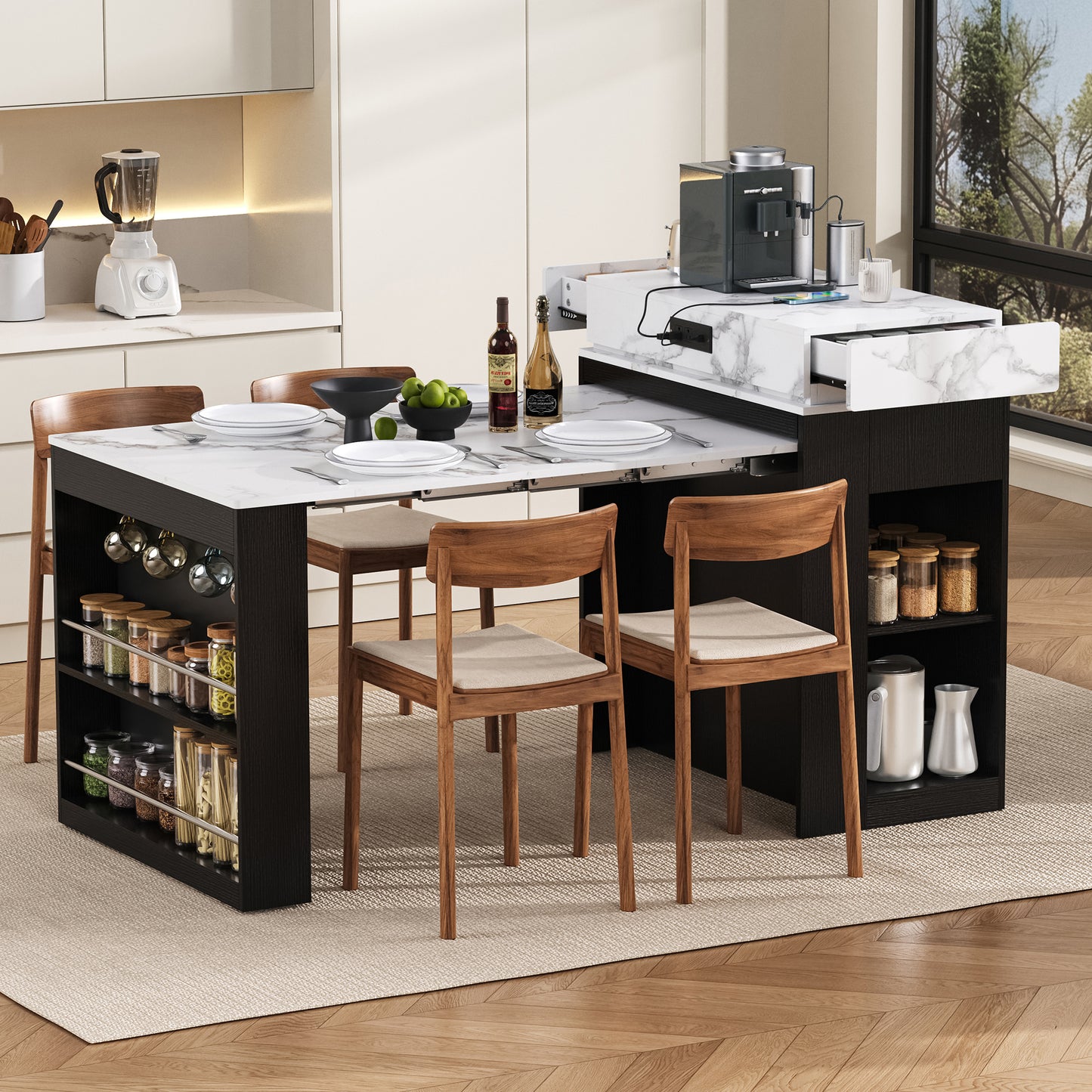 VIDEO  TREXM Extendable Dining Table With Folding Tabletop  Bar Table With Drawers And Power Outlet  Kitchen Island With Wheels And Hooks  Sideboard For Kitchen And Dining Room  Black Marble White