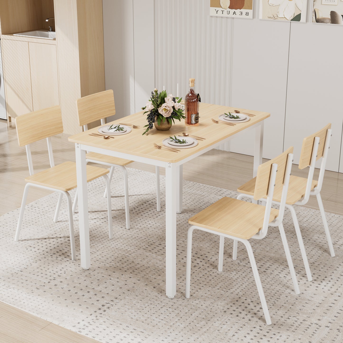 5-Piece Dining Table Set With 4 Chairs, 43  Kitchen Table & Chairs Set For 4, Dining Room Table With Metal Frame & MDF Board, Perfect For Small Space, Easy Clean