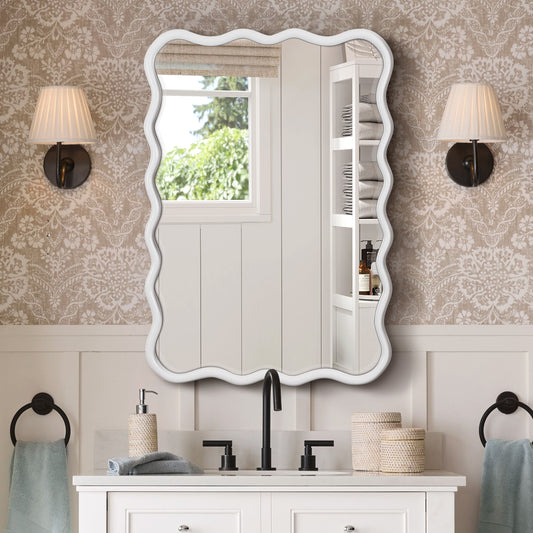 Solid Wood Wavy Rectangle  Mirror-Natural-Wood   40 X 28 Modern Mirror Wall Decor For Bathroom, Bedroom, Living Room, Dining Room, Cloakroom, Entryway