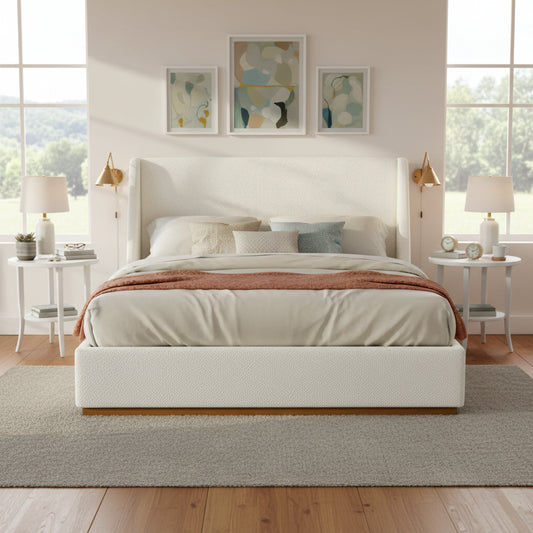 Luxury Upholstered Bed With Wings, White, Queen