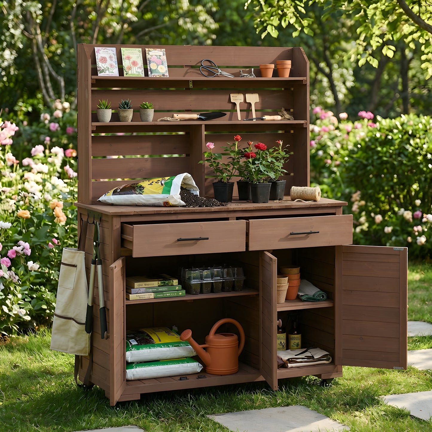 Assembly Video  TOPMAx 65 H Large Garden Potting Bench With Lockable Wheels And Storage Cabinet  Wood Outdoor Kitchen Island Prep Cart With Hutch Top  Drawers And Removal Shelves For Grilling  Brown