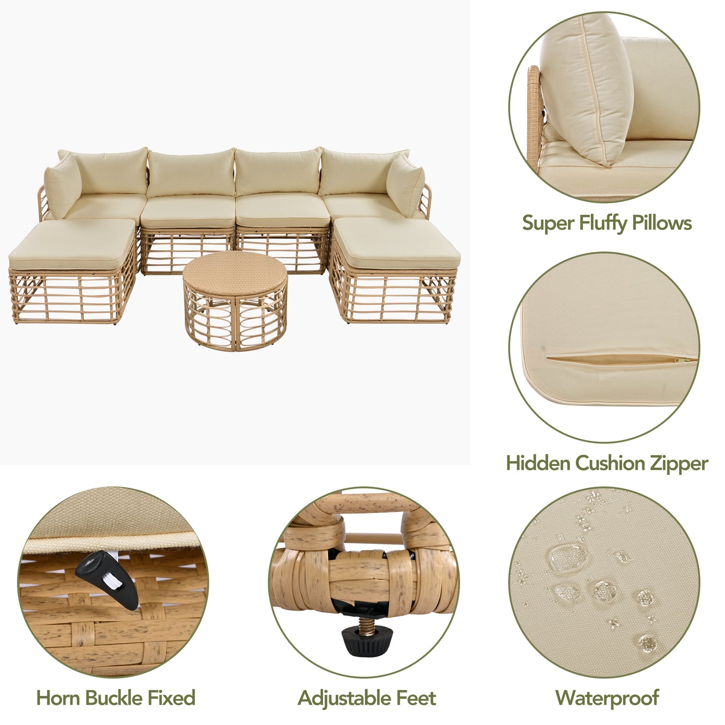 GO 7 Pieces Outdoor Patio Furniture, All-Weather Rattan Sectional Sofa Set With Thick Cushions And Pillows, Freely Combined Conversation Sets For Garden, Backyard, Balcony, Brown