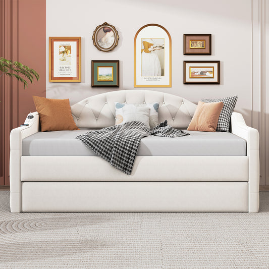 Twin Size Tufted Upholstered Daybed With Trundle ,Velvet Sofabed With USB&Type-C Charging Ports,No Box-spring Needed, Beige Old SKU  HL000088AAA