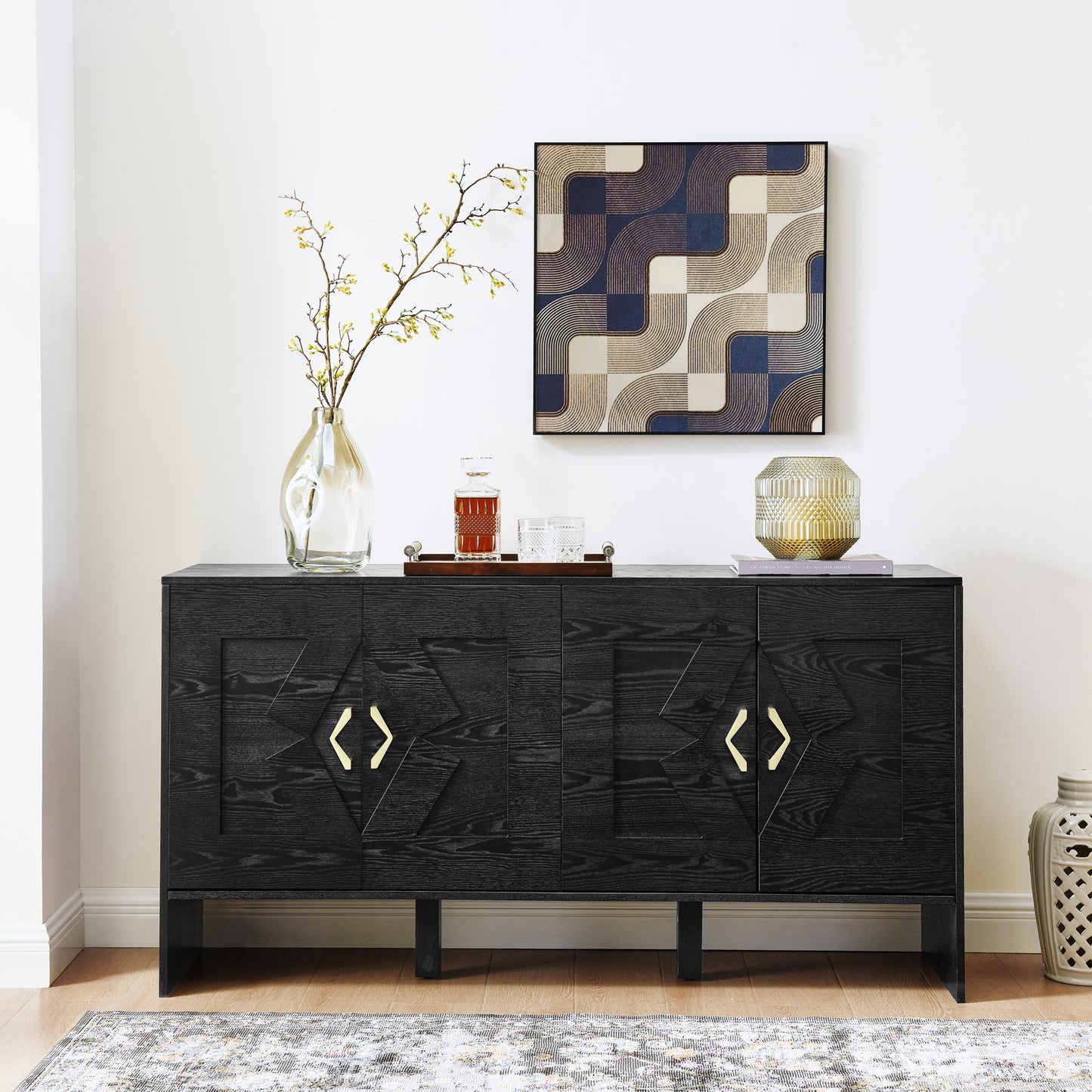 60  Mid Century Modern Sideboard Buffet Cabinet With Storage, TV Media Console, Storage Cabinet With Geometric Pattern & Adjustable Shelves For Kitchen Dining Living Room Entryway Hallway, Black
