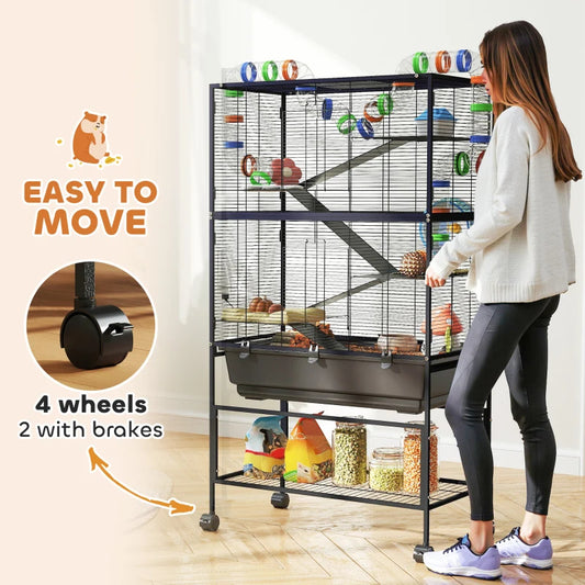 PawHut 5 Tier Hamster Cage, Rolling Rat Cage With Deep Tray, Storage Shelf, Big Exercise Wheel, Hut, Tube System