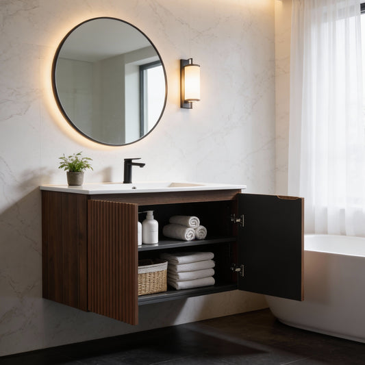 30inch Walnut Folding Wall Cabinet With Creamic Sink- Patented 1-Minute Install  Space-Saving & Easy Assemble Modern Style