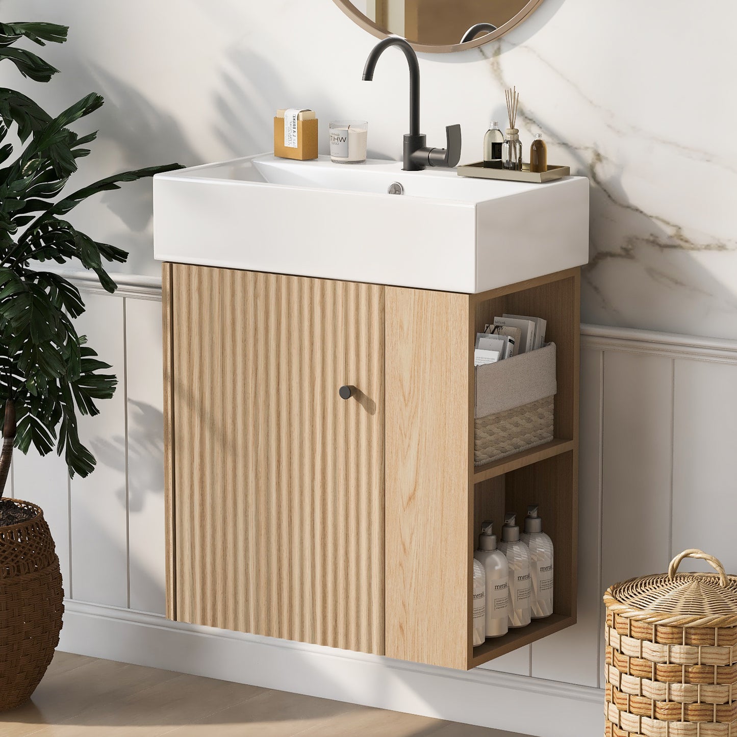 21.6  Modern Floating Bathroom Vanity With Ceramic Basin - Perfect For Small Bathrooms, Right Side Storage