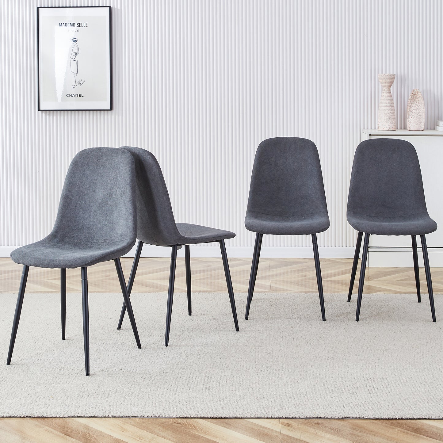 A Set Of 4 Modern Dining Chairs, Made Of Dark Gray Linen Fabric, With A Fully Assembled Backrest, Easy To Assemble, Sturdy Metal Legs, And Anti Slip Feet, Suitable For Kitchens . W115164380