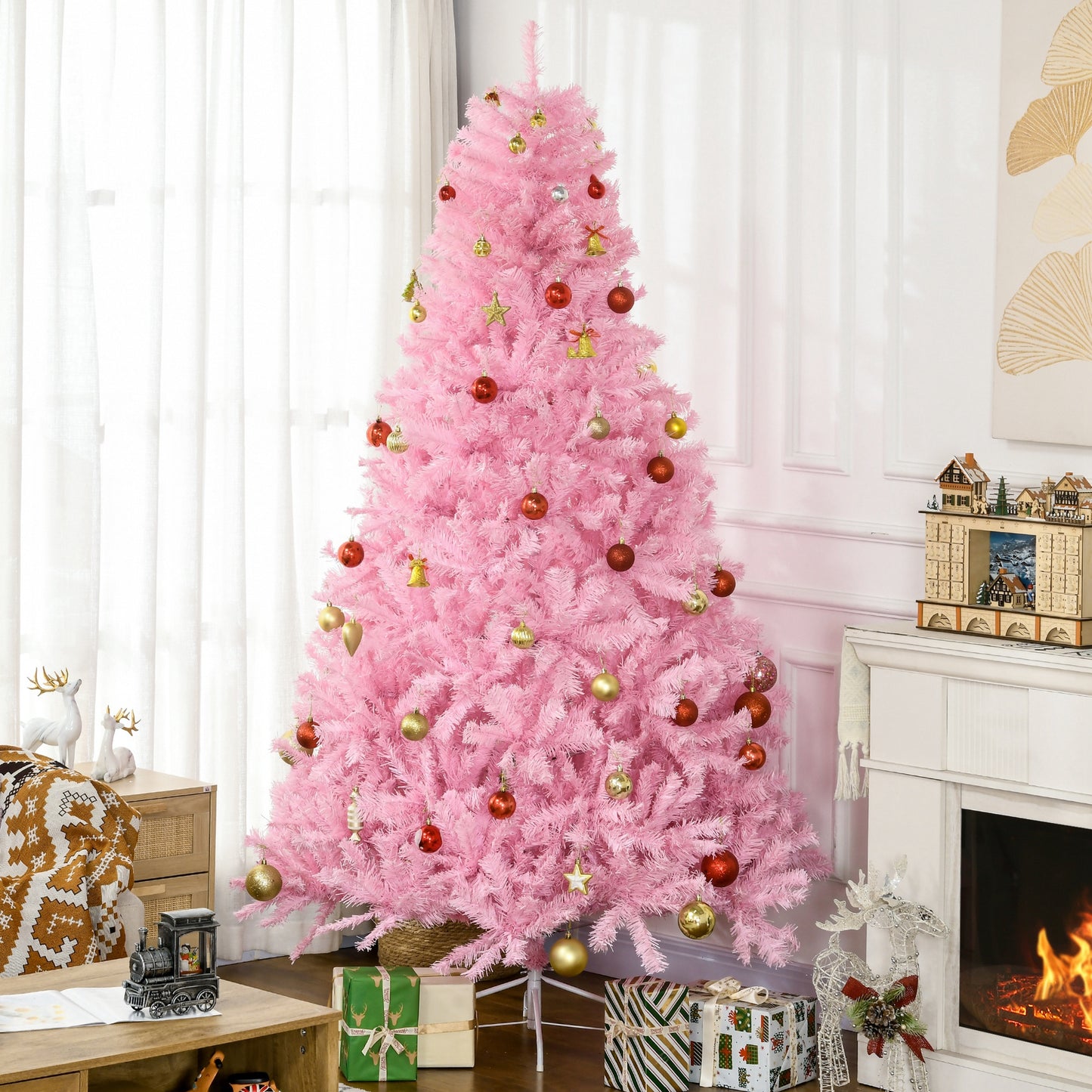 7' Artificial Pink Christmas Trees, With Auto Open, Steel Base, Wide Shape For Indoor Xmas Decoration