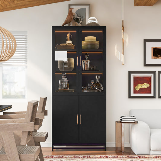 76.75  Tall Display Cabinet, With Glass Doors And LED Lights, Steel Curio Cabinet With 3-Sided Glass, Pantry Cabinet With Storage For Hallways, Livingroom Kitchen Home Decor & Office - Black