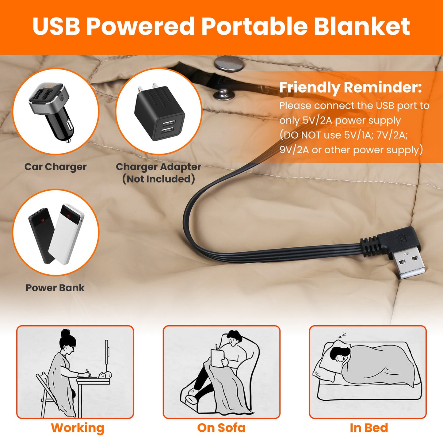 USB Heated Blanket Electric Heated Poncho Shawl Wrap Throw With Zipper Arm Holes Pocket 3 Heating Levels 6 Zones 5V 2A Machine Washable For Home Office Outdoor