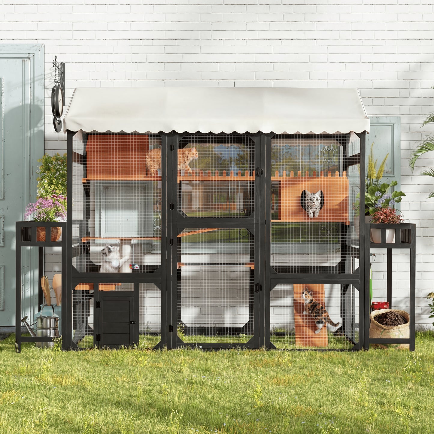 Large Outdoor Cat Enclosure Wooden Catio With 2 Plant Stands, Multi-Level Cat Playpen With Weather-Resistant Roof, Resting Box, Climbing Ramps & Wire Mesh For Patio, Black