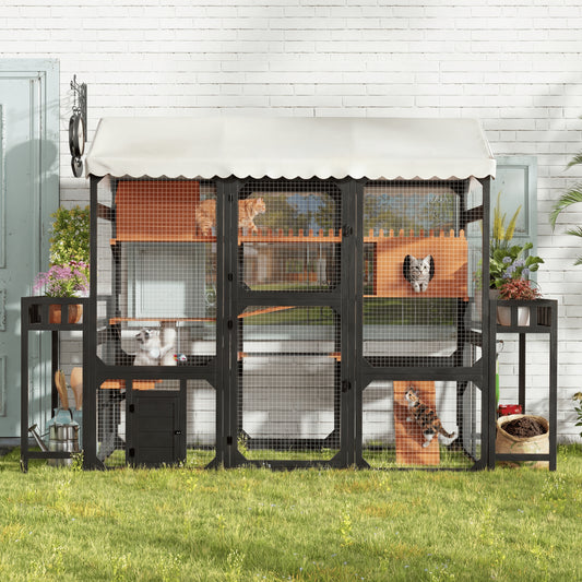 Large Outdoor Cat Enclosure Wooden Catio With 2 Plant Stands, Multi-Level Cat Playpen With Weather-Resistant Roof, Resting Box, Climbing Ramps & Wire Mesh For Patio, Black