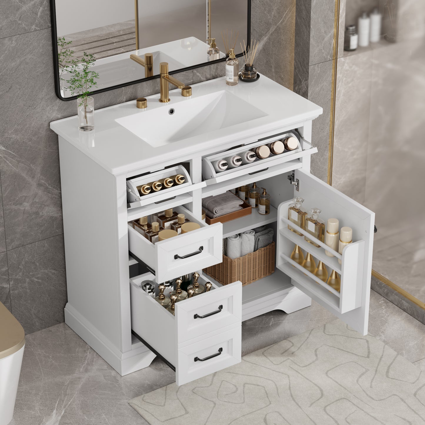 36-Inch Bathroom Vanity With Ceramic Sink Top, 4 Drawers And 1 Soft-Close Door, Freestanding Storage Cabinet With Metal Handles, Pre-Drilled For 8-Inch Faucet, White Finish