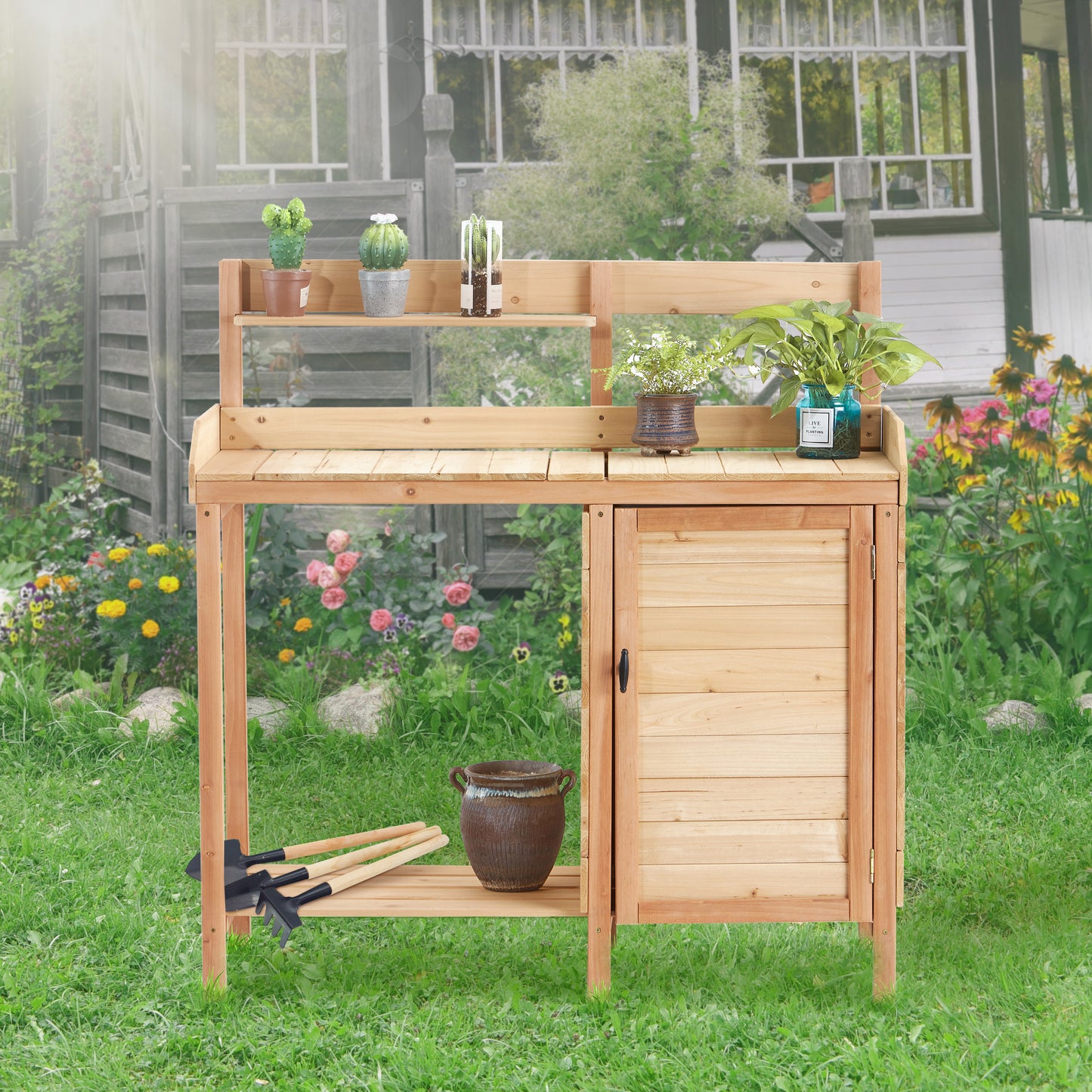 Outdoor Wooden Potting Bench Table With Sink, Garden Table Work Bench With Storage, Workstation For Outside Patio Lawn