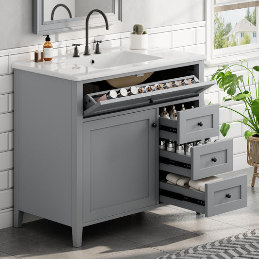 36-Inch Gray Bathroom Vanity With Sink, Modern MDF And Rubberwood Cabinet With 3 Drawers And Adjustable Shelf, Freestanding Vanity For Bathroom Storage And Organization Left Door  New Color