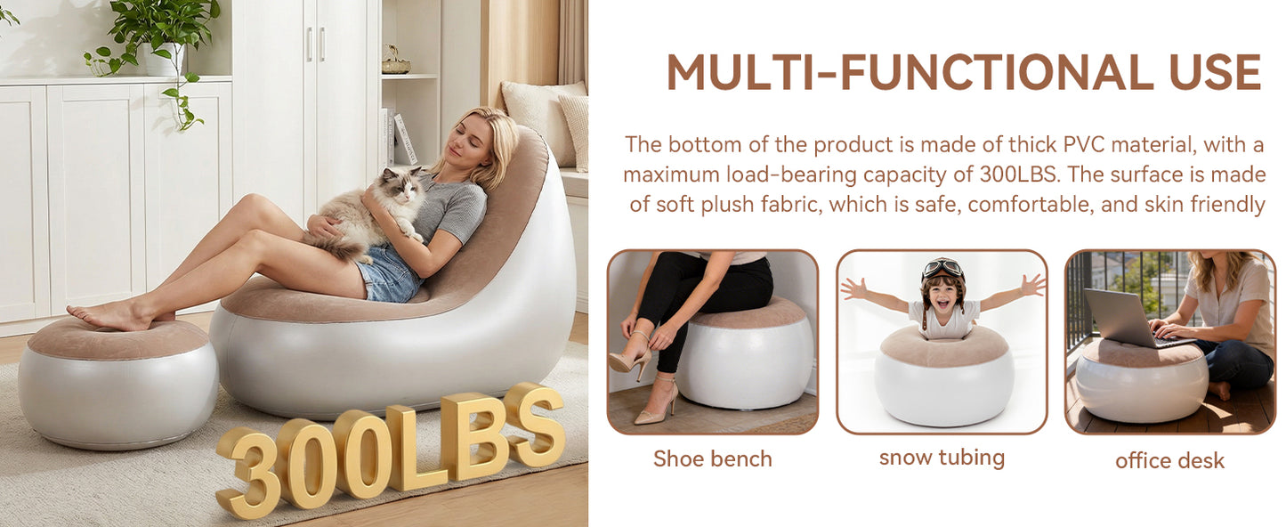 Inflatable Chair With Ottoman Flocked Water Proof Comfortable Blow Up Air Chair Brown