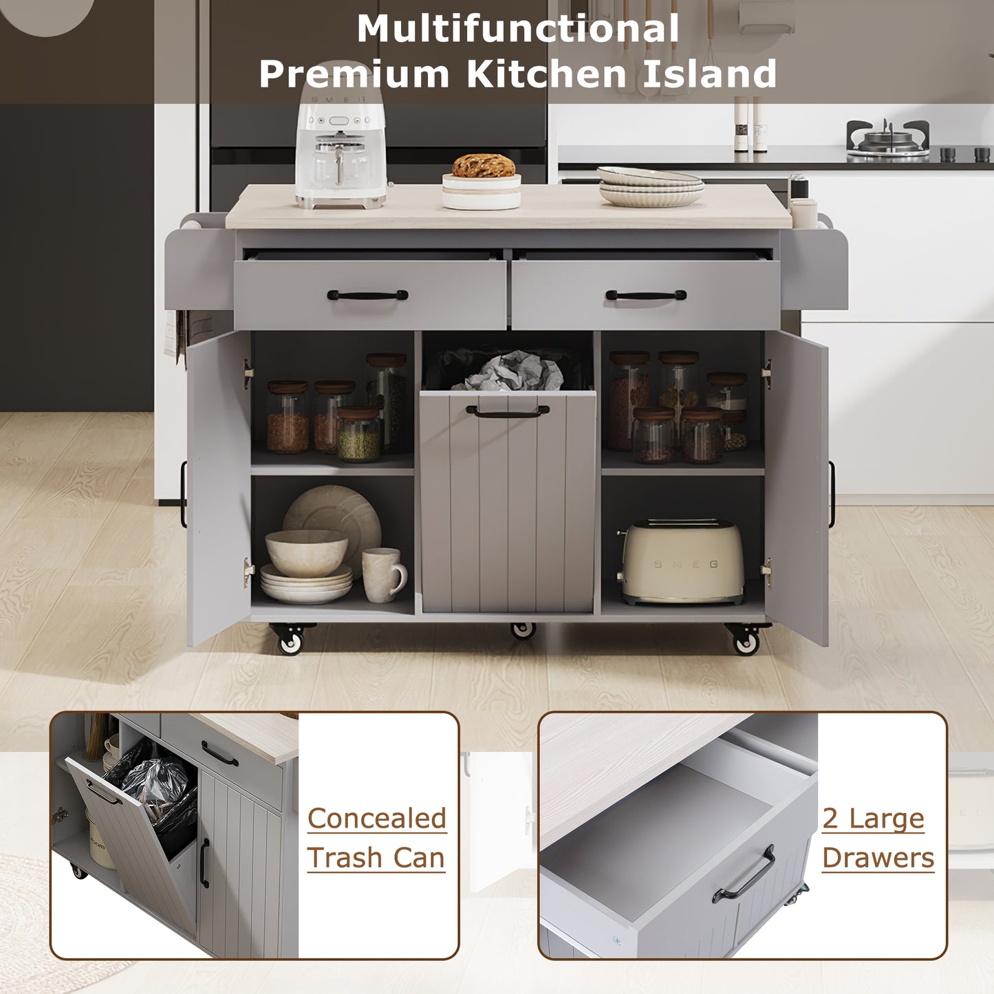 K&K Kitchen Island With Trash Can Storage Cabinet, Kitchen Cart With Drop Leaf, Spice Rack, Towel Rack And Drawer, Rolling Kitchen Island On Wheels With Adjustable Shelf, Grey
