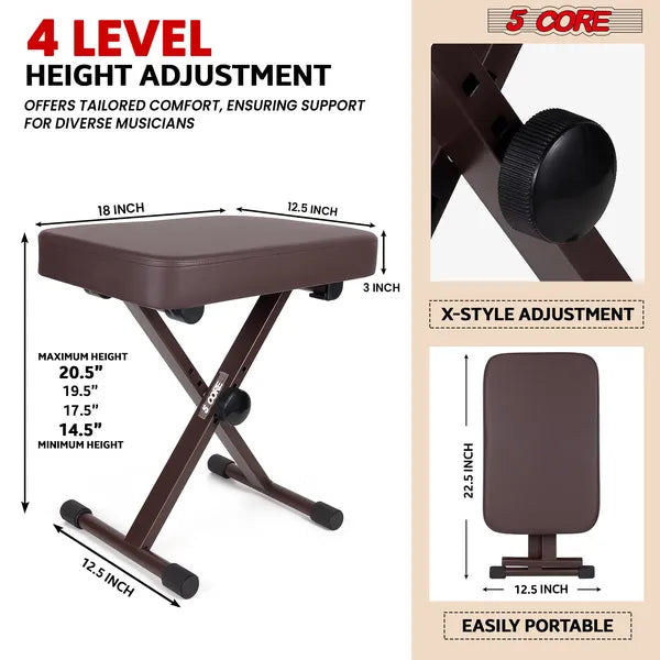 5 Core Keyboard Bench 3 Inch Padded Cushioned Piano Stool Height Adjustable Guitar Seat Heavy Duty Folding Portable Musician Chair W Nonslip Rubber Feet Brown - KBB BR HD