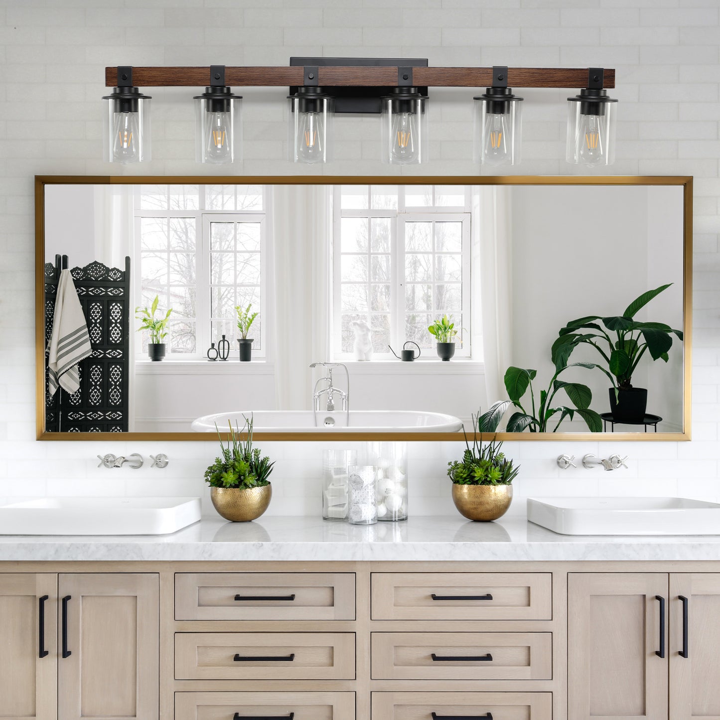 42in Rustic 6-Light Vanity Light, Industrial Bathroom Wall Sconce With Glass Shades And Wood Accent, Modern Farmhouse Lighting Fixture -No Bulbs