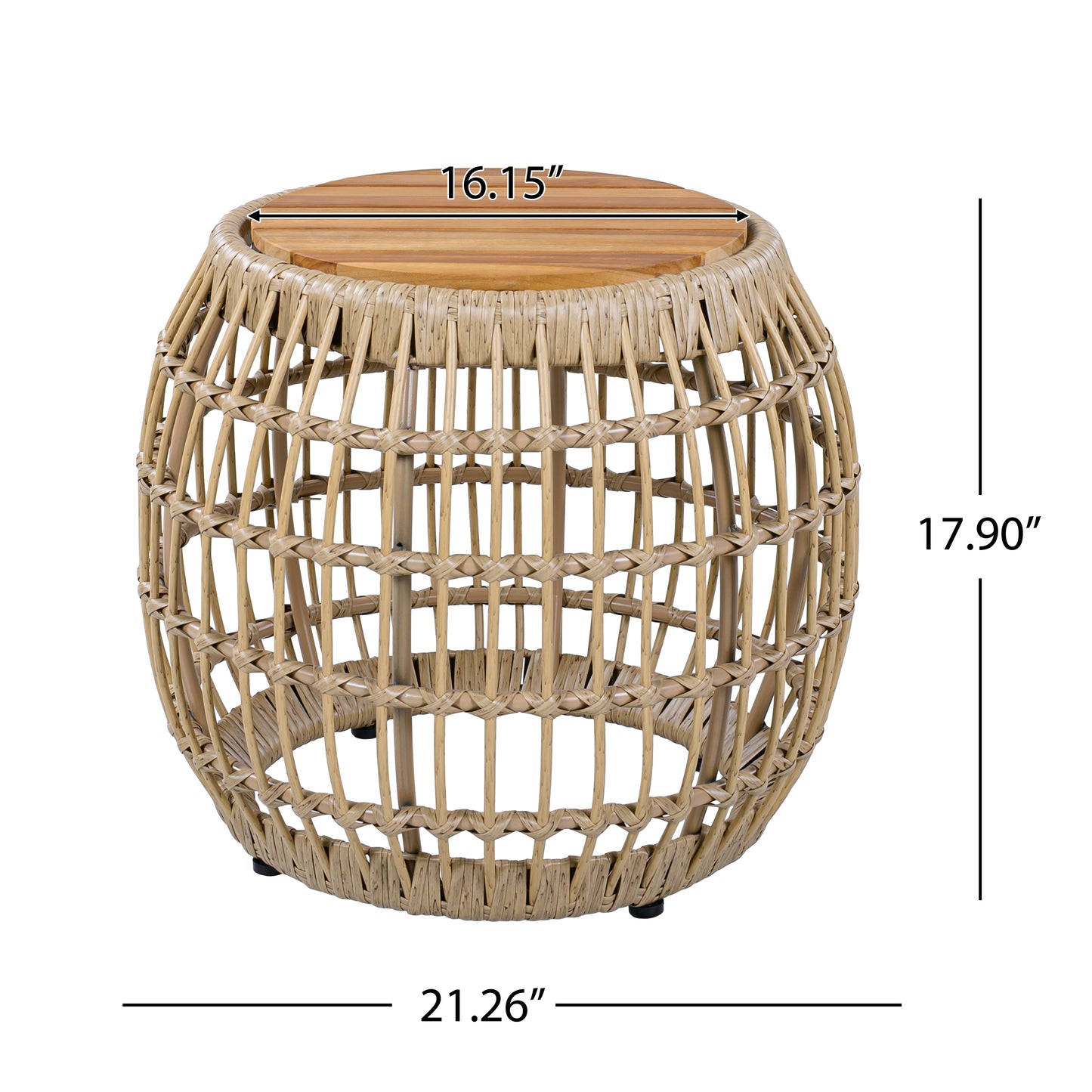Acacia Wood Outdoor Side Table With Wicker Base - Light Brown, Round 16.15  Outdoor Accent For Patio, Garden, Balcony & Indoor Use