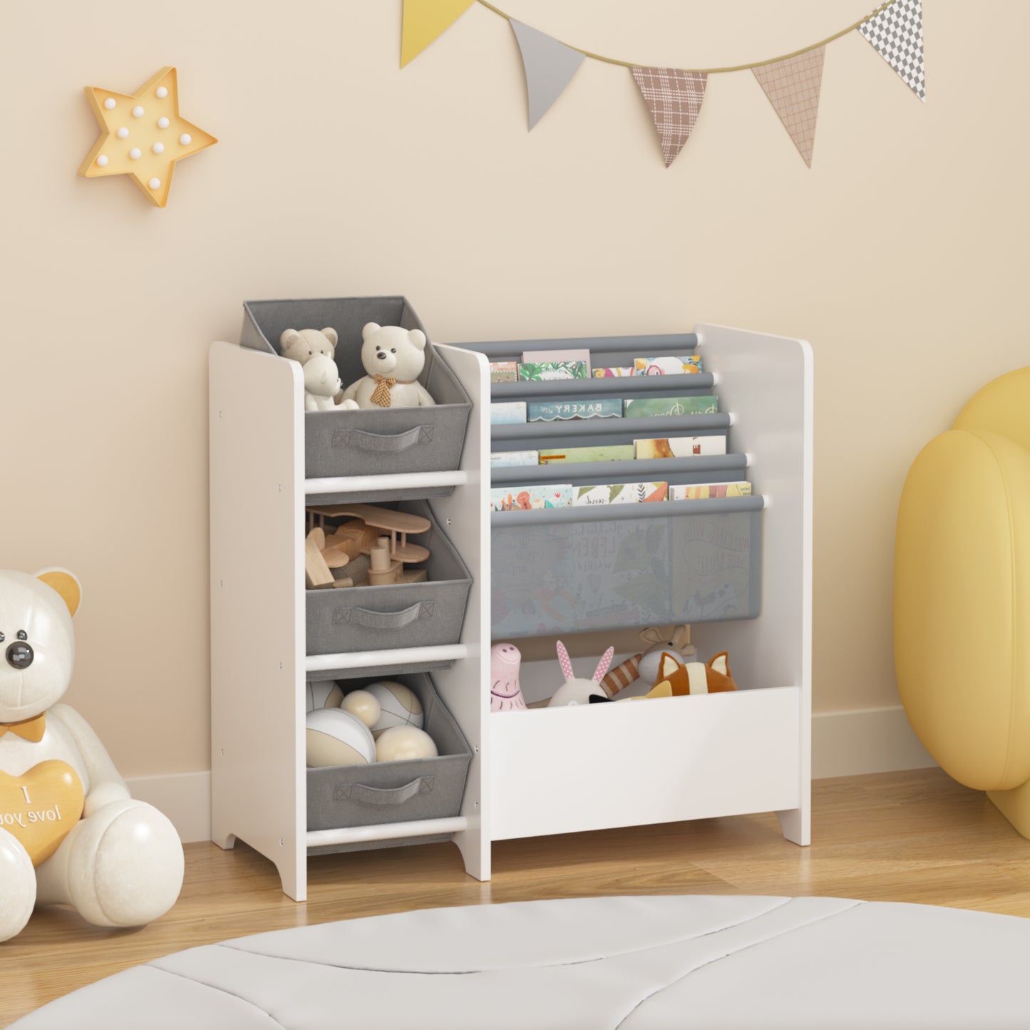 Kids Bookshelf And Toy Storage Organizer, Multifunctional 4 Tier Kids Book Shelf With 3 Collapsible Fabric Drawers, Children's Book Display In Room Playroom Nursery For Kids, Children, Toddlers