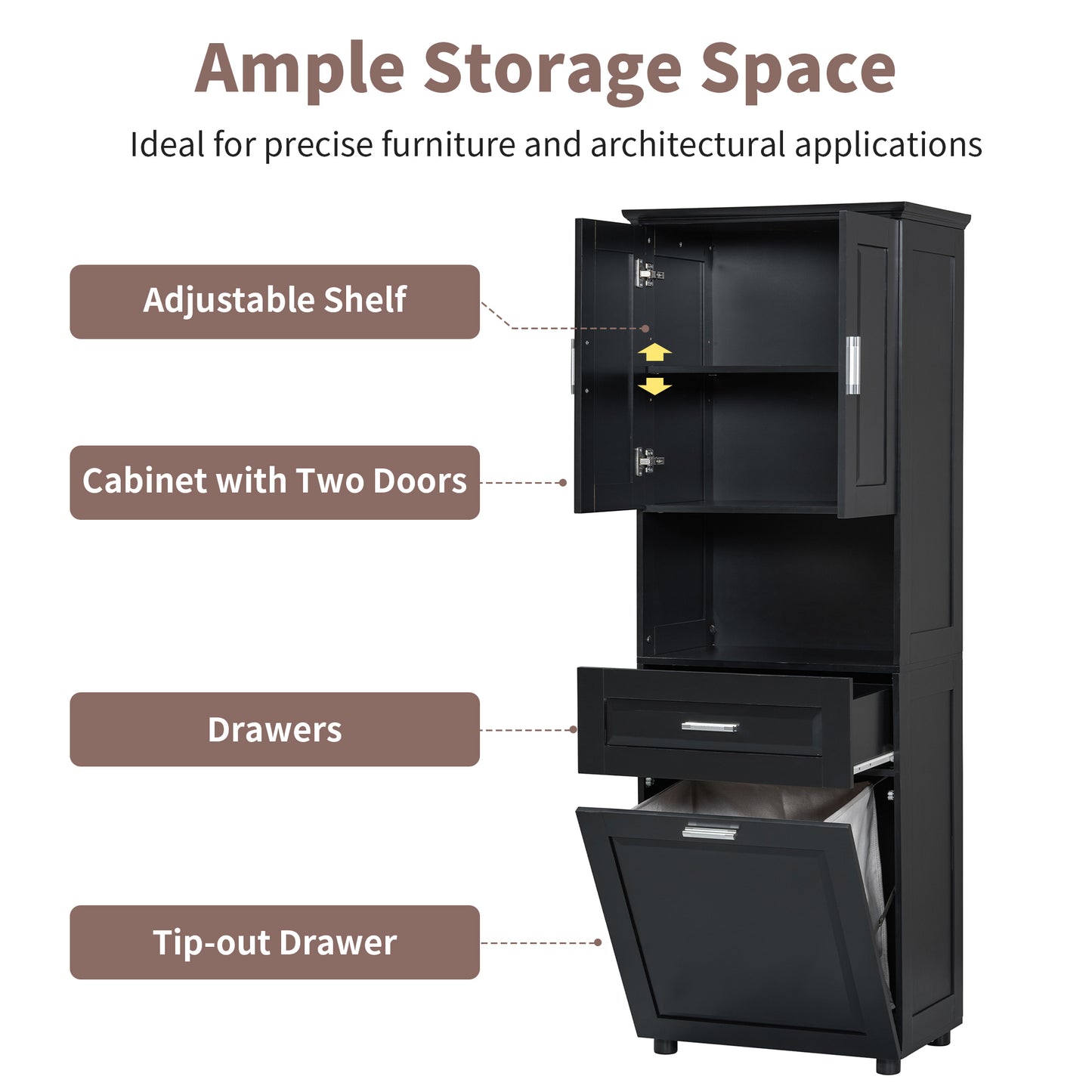 Tall Bathroom Cabinet With Laundry Basket, Large Storage Space Tilt-Out Laundry Hamper And Upper Storage Cabinet, Black