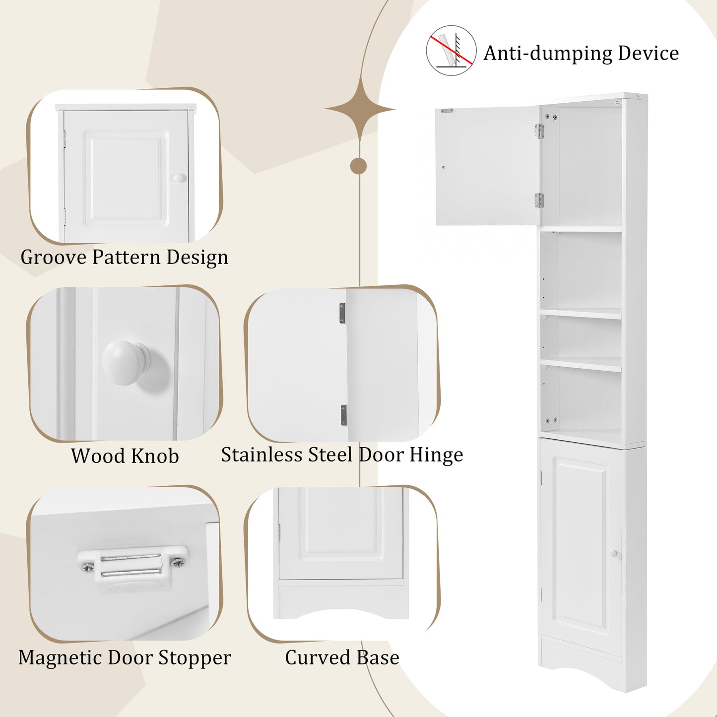 Multi-Functional Corner Cabinet Tall Bathroom Storage Cabinet With Two Doors And Adjustable Shelves, Open Shelf, White Old
