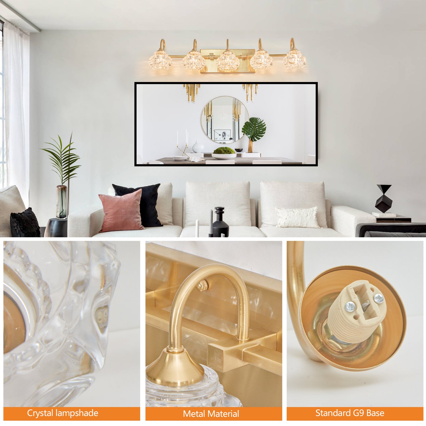 29 Modern Crystal Bathroom Vanity Light, 5-Light Golden Wall Sconce With Clear Glass Shade, Elegant Wall Mount Lighting For Bathroom, Powder Room, Or Vanity Mirror  No Bulbs